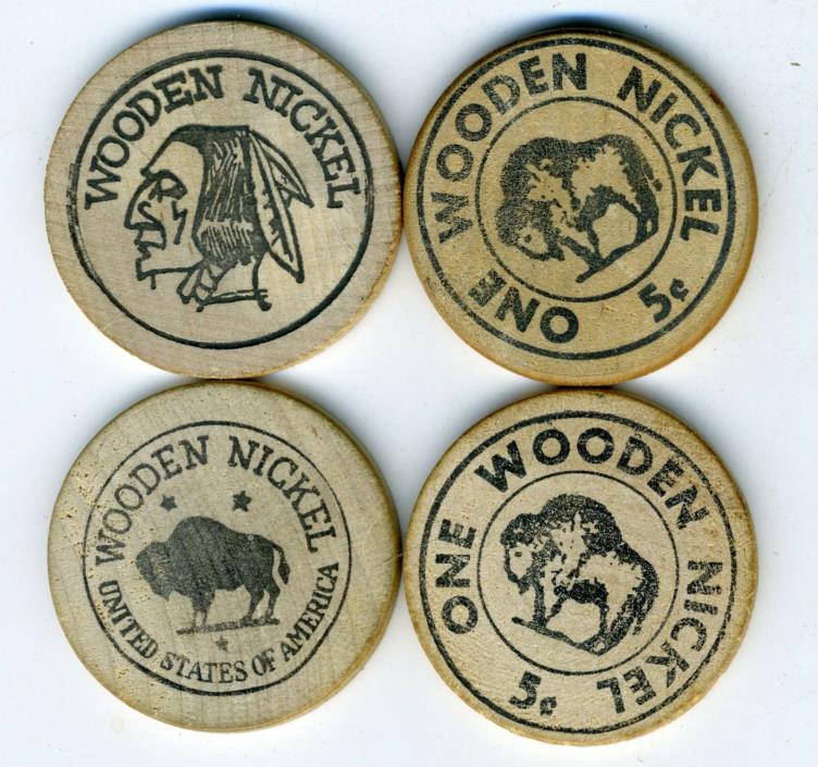 LOT OF 4 VINTAGE WOODEN NICKELS