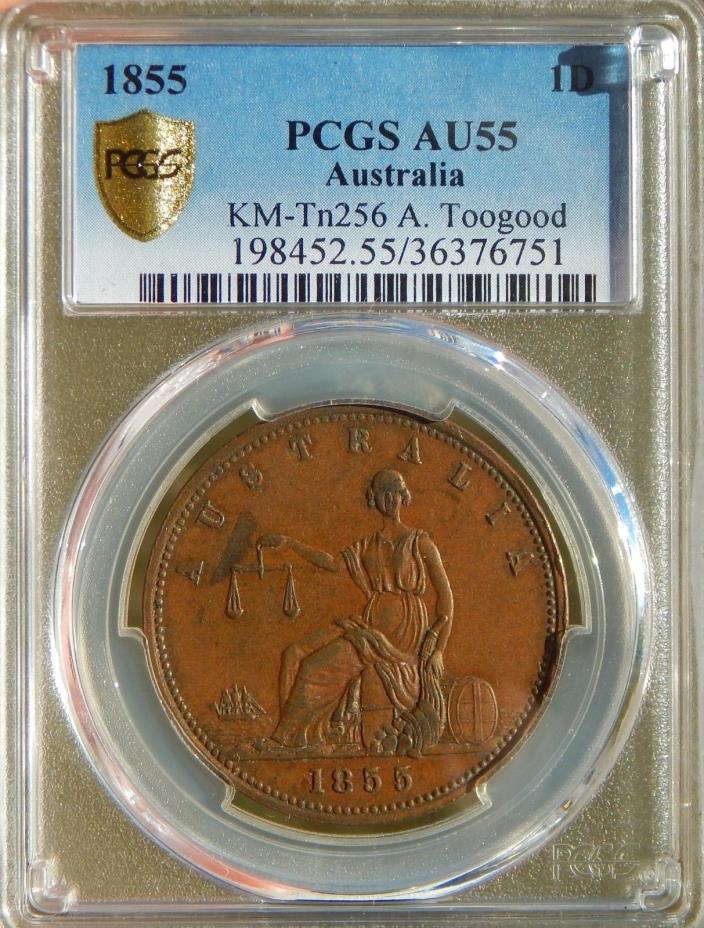 Australia 1 Penny 1855 A. Toogood, Sydney, NSW PCGS AU55 Tn# 256 Token Coin!