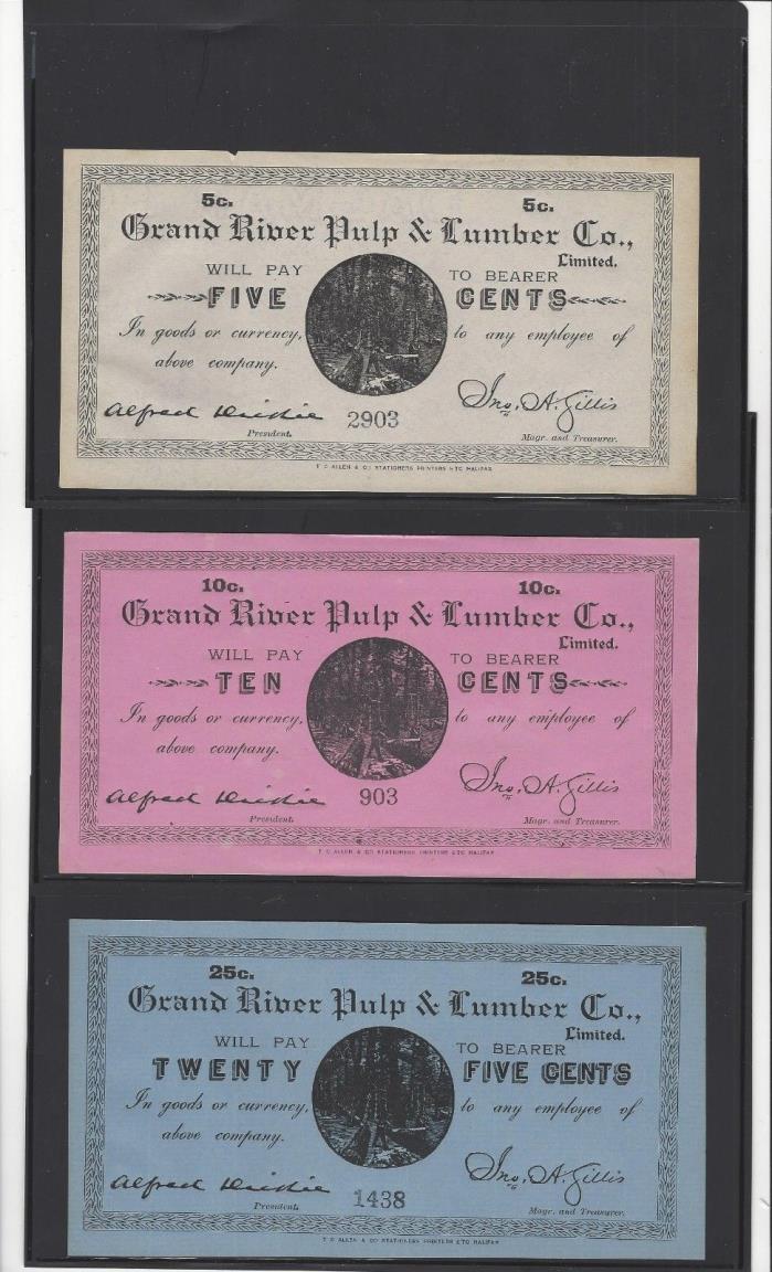 **Grand River Pulp & Lumber Co.  ¢5,¢10,¢25,¢50 &$5 Set of Certificates