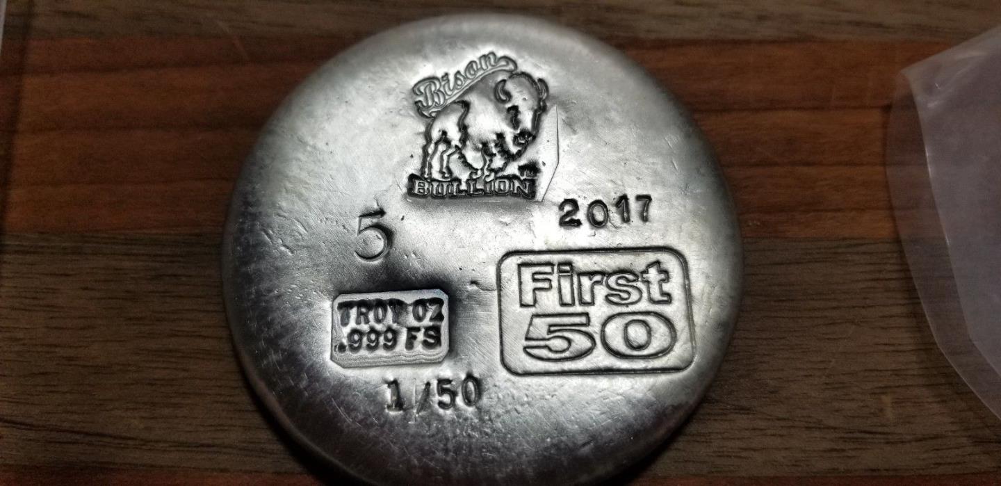 2017 Bison Bullion First 50 5oz 999 Poured Silver Round Serial #1