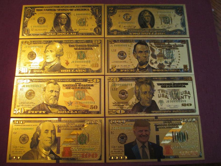8Pcs 24K Gold Plated Commemorative Notes Dollar US Bills Donald Trump US SELLER