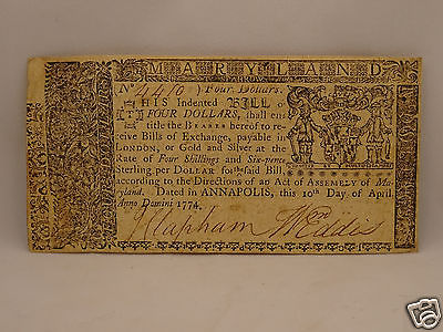 Fine 242 yr old COLONIAL CURRENCY NOTE $4 April 10, 1774 - MARYLAND