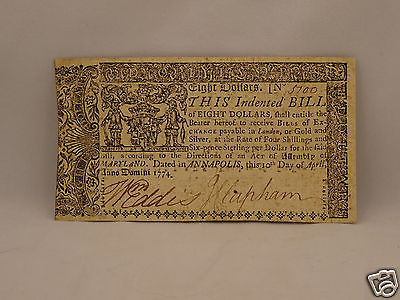 Fine 242 year old COLONIAL CURRENCY NOTE $8 April 10, 1774 - MARYLAND