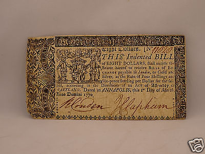 Fine 246 yr old COLONIAL CURRENCY NOTE $8 March 1, 1770 - MARYLAND