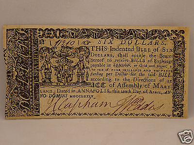Fine 242 year old COLONIAL CURRENCY NOTE $6 April 10, 1774 - MARYLAND