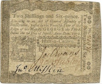 1772 PENNSYLVANIA 2 SHILLINGS 6 PENCE COLONIAL CURRENCY NOTE - NICE VERY FINE