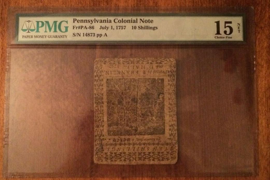 July1, 1757 10 Shillings Pennsylvania Colonial Note Printed by Ben Franklin