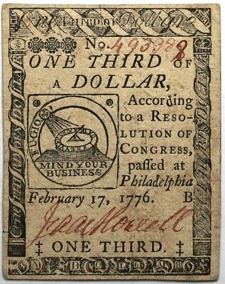 February 17, 1776 Continental Currency $1/3, Fugio note, Fr. CC-20, PMG 64