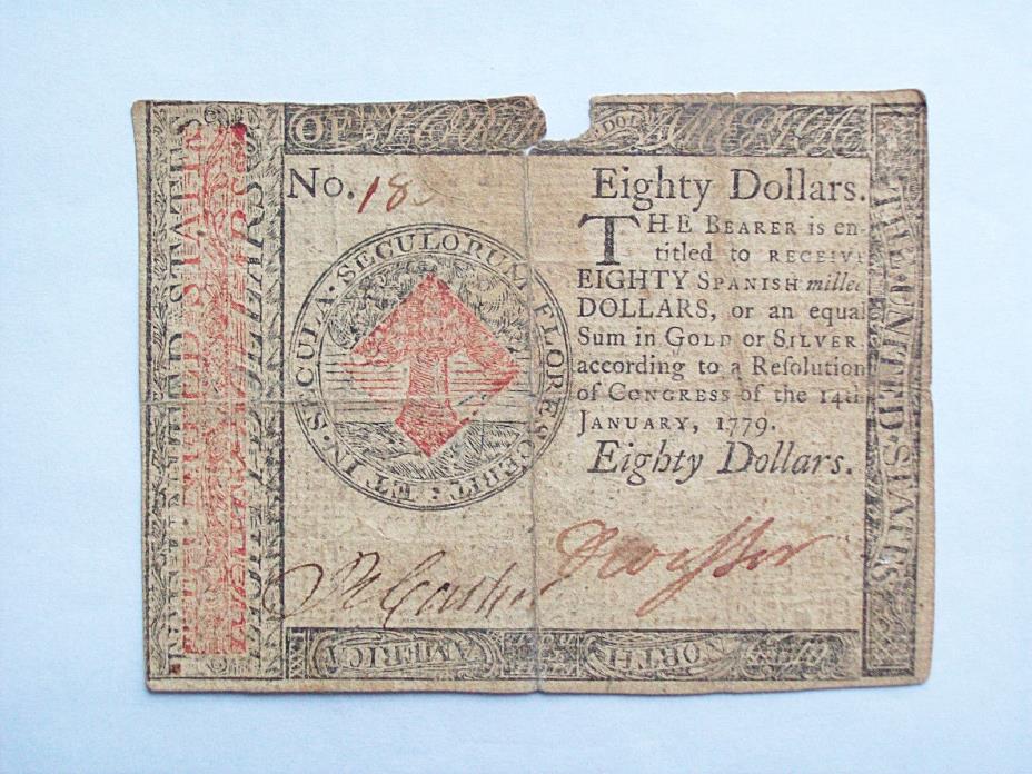 RARE JANUARY 14TH 1779 CONTINENTAL CURRENCY $80 DOLLAR NOTE  VG