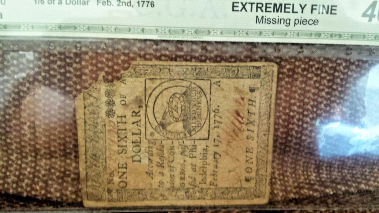 Feb 2, 1776 $1/6 DOLLAR US CONTINENTAL CURRENCY FUGIO NOTE XF EXTREMELY FINE