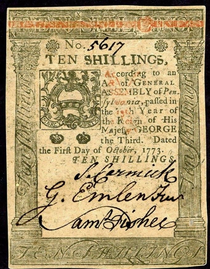 10/1/1773  TEN SHILLINGS COLONIAL CURRENCY PENNSYLVANIA FISHER EX DON KELLY CU