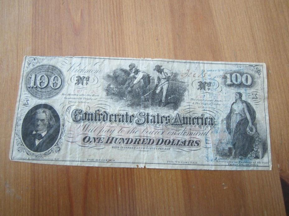 1862 Confederate T-41 Note Interest Paid On Back