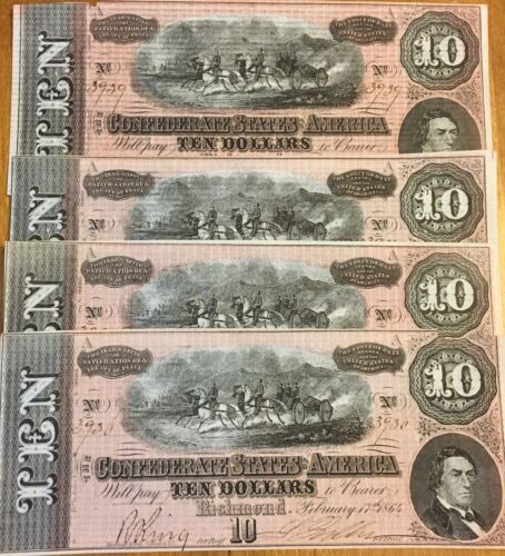 $10 Confederate Bill Series T-68 1864 (Lot Of 4 Consecutives)