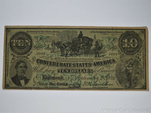 1861 Confederate States Of America $10 Dollar FACSIMILE Large Currency Bill|0521