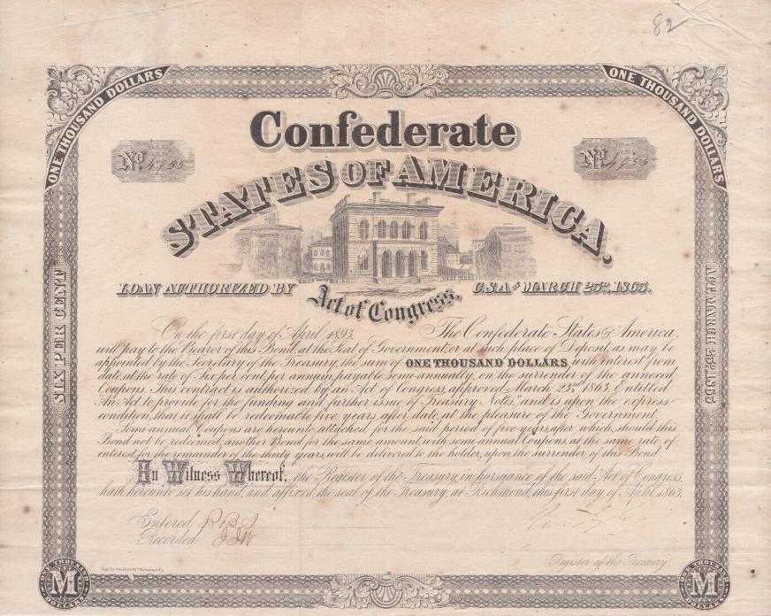 Confederate States of America One Thousand Dollar Bond