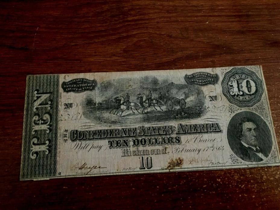1864 CIVIL WAR CONFEDERATE MONEY $10.00 TEN DOLLAR NOTE BILL RICHMOND VA
