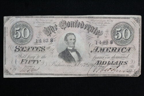 1864 CSA $50 Confederate Currency T-66 3 Series AU