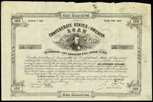 1863 Confederate States of America One Hundred Dollar Bond