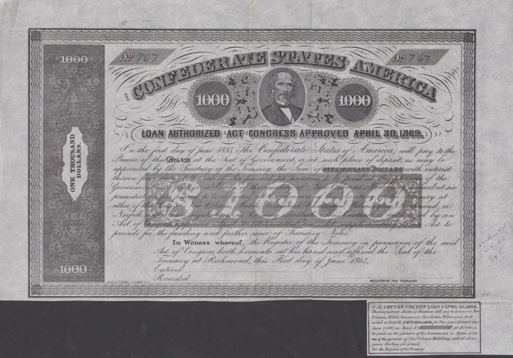 Confederate States of America $1,000 Bond