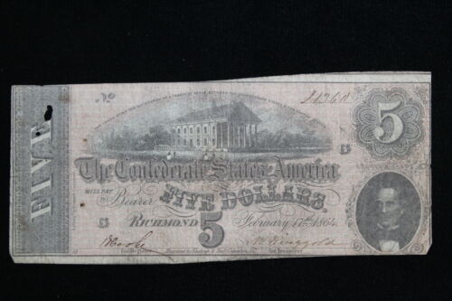 1864 CSA $5 Confederate Currency T-69 1 Series