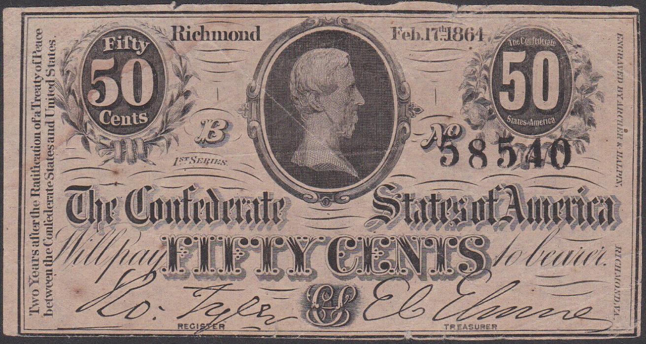 Confederate CSA T72 1864 Fifty Cent Note
