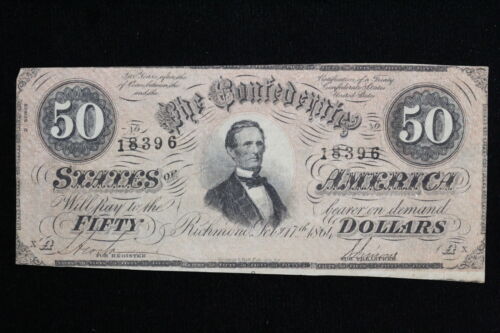 1864 CSA $50 Confederate Currency T-66 2 Series AU