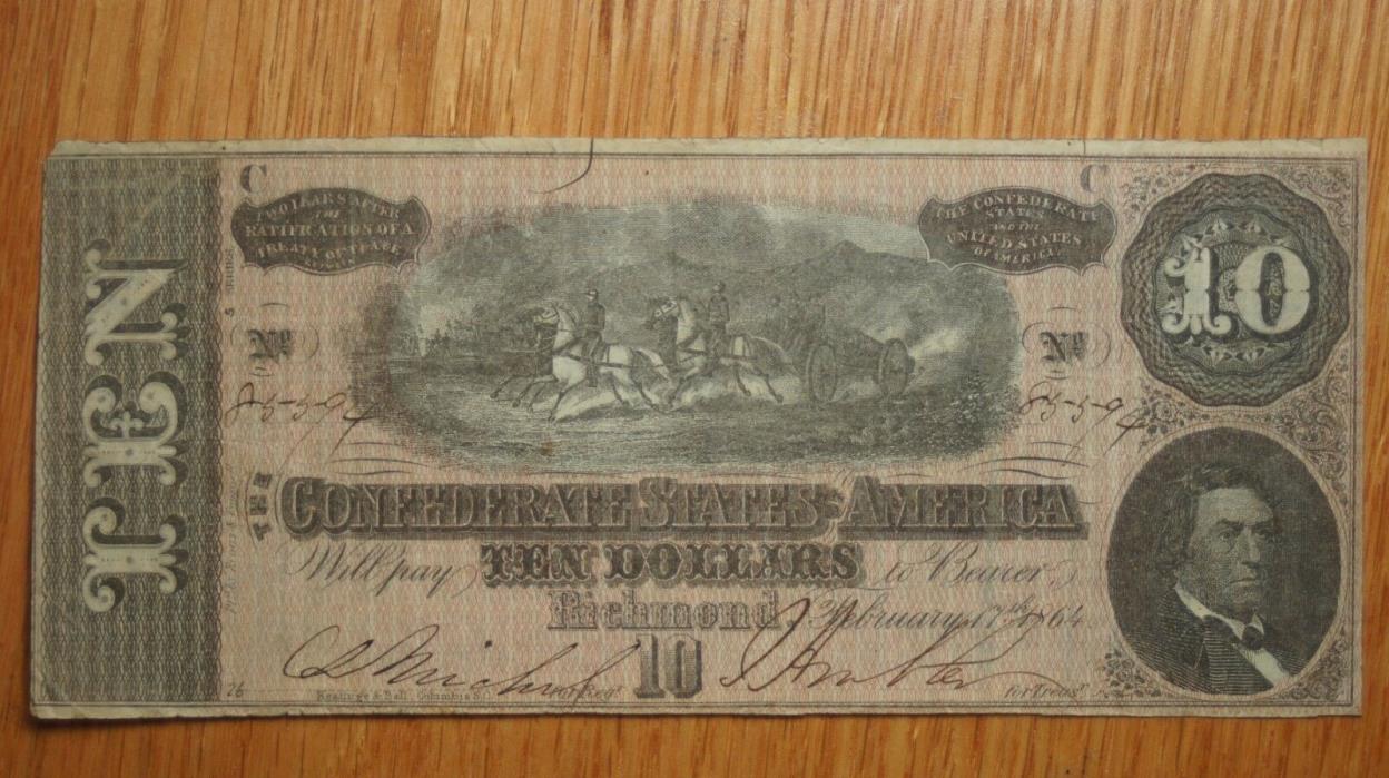 Civil War Confederate $10 Note- 1864