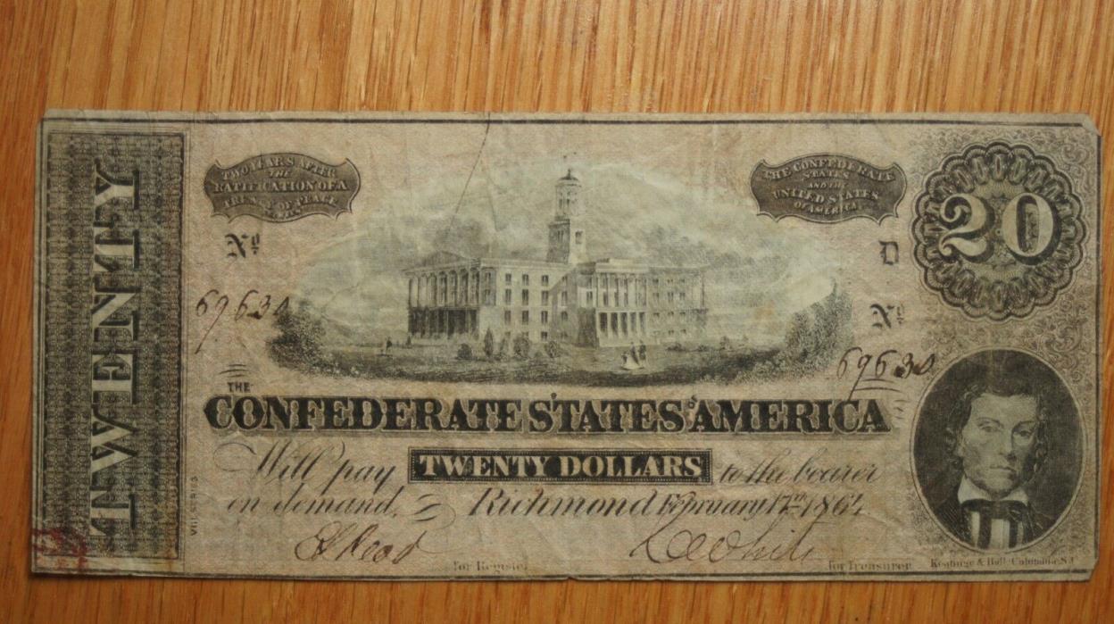 Civil War Confederate $20 Note- 1864