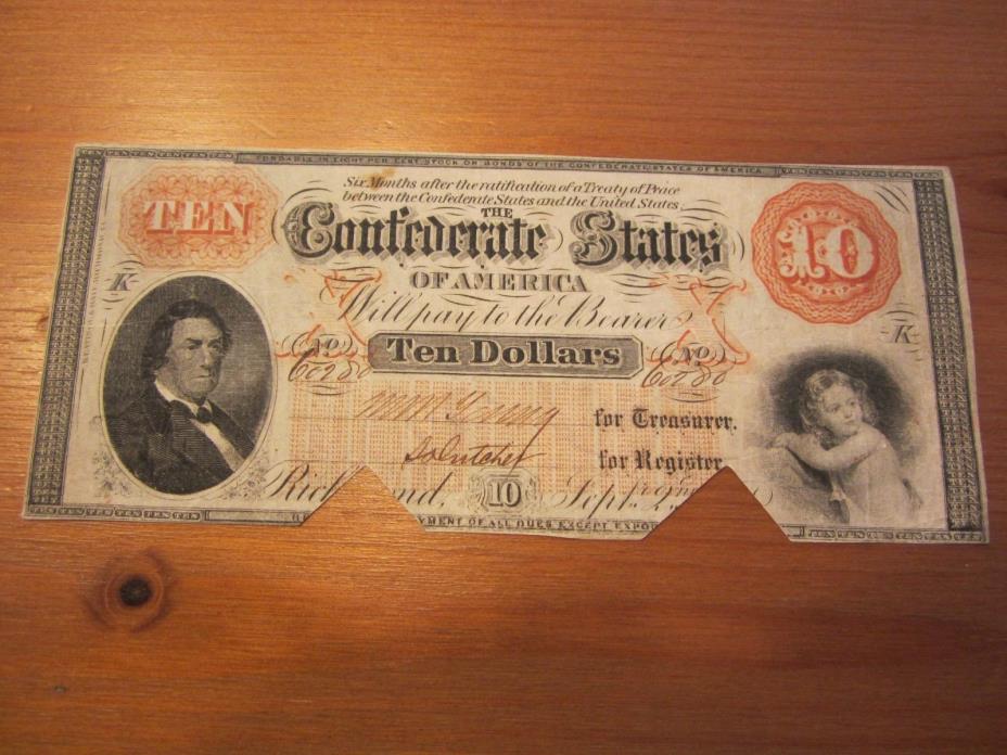 1861 $10. T-24 Confederate States Of America Watermarked Script CSA Ser.#60280