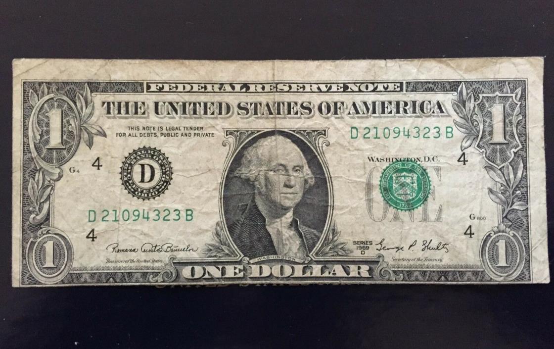 1969 $1 One Dollar Bill D Federal Reserve Note Error (Cut & Stamp ERROR)