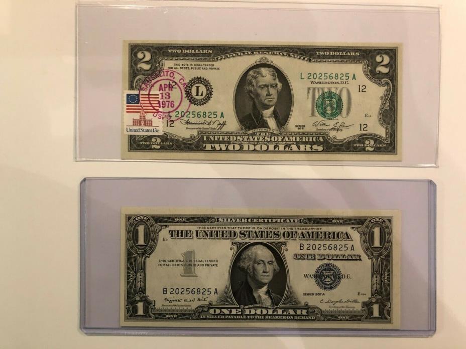 1957 $1 Silver Certificate & 1976 $ First Issue - Matching Serial Number Fancy