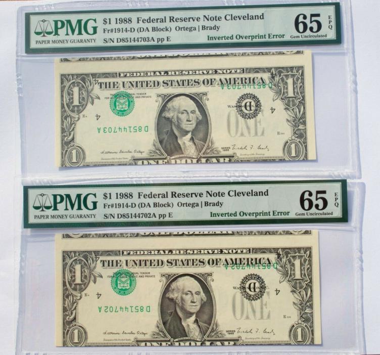 (2) TWO Consecutive # 1988 $1 FRN Inverted Overprint Error Notes both PMG 65 EPQ
