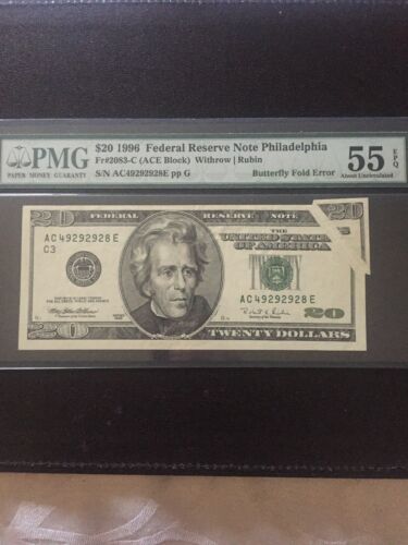 1996 $20 Federal Reserve Note Philadelphia Error Butterfly Fold  PMG-55 EPQ