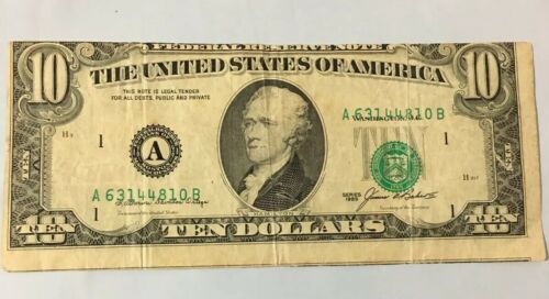 Misaligned Misprint Error of a 1985 US $10 TEN Dollar Bill Note
