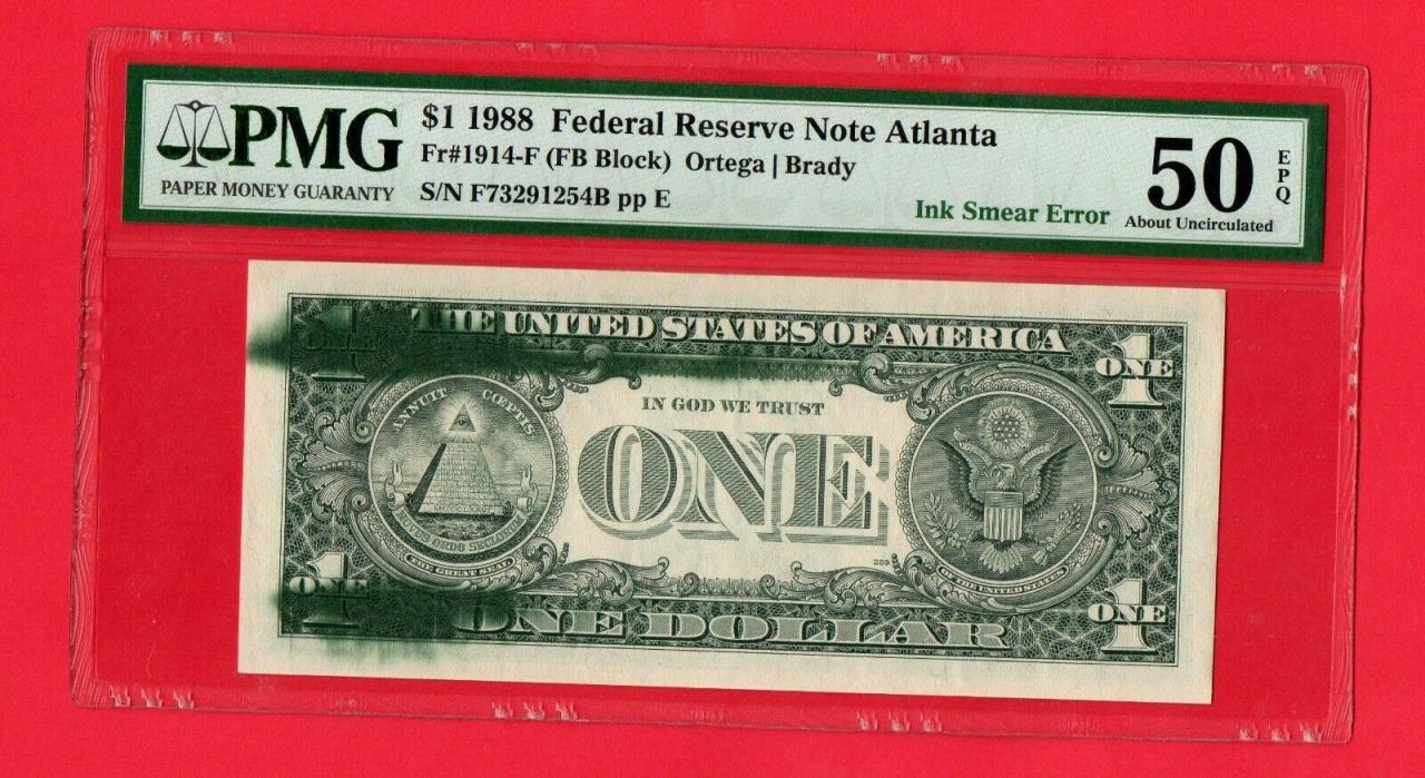 ERROR NOTE $1 MAJOR INK SMEAR FEDERAL RESERVE NOTE / 50 ABOUT UNCIRCULATED