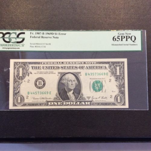 1969D New York $1 FR #1907-B PCGS 65 PPQ Mismatched Serial Numbers