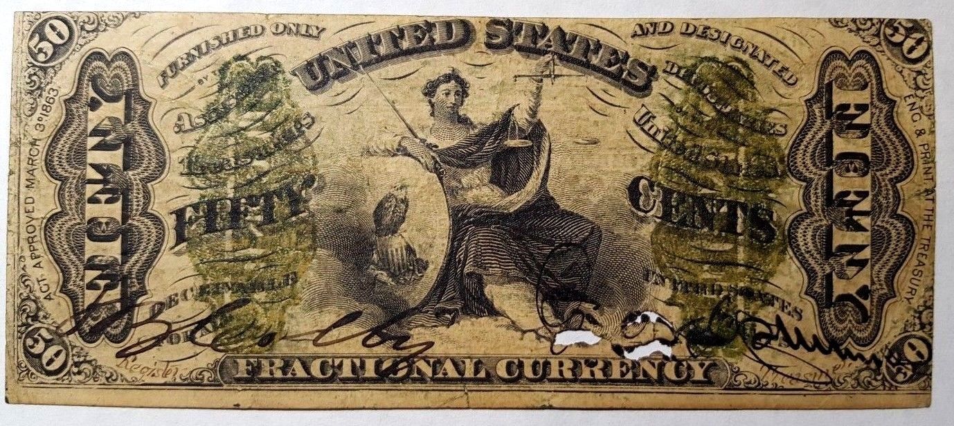 1863 50 Cents 50c FR 1355 Justice Scales Fractional Currency Note Signature