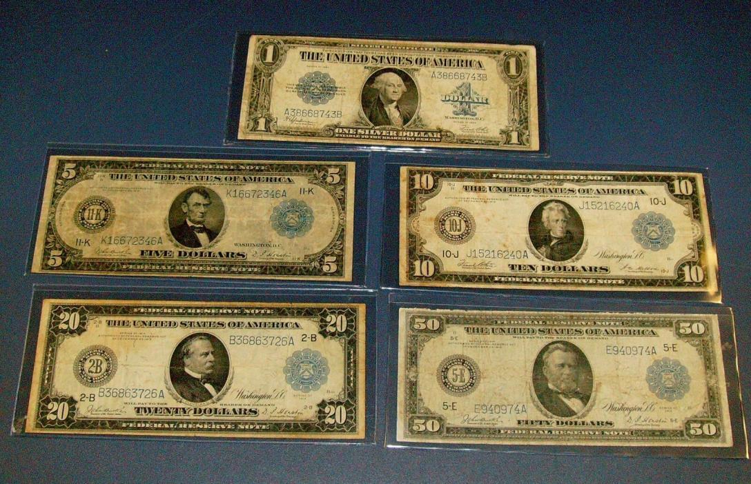 1923 $1 and $5 Five $10 Ten $20 Twenty $50 GRANT Fifty Dollar 1914 Large Note