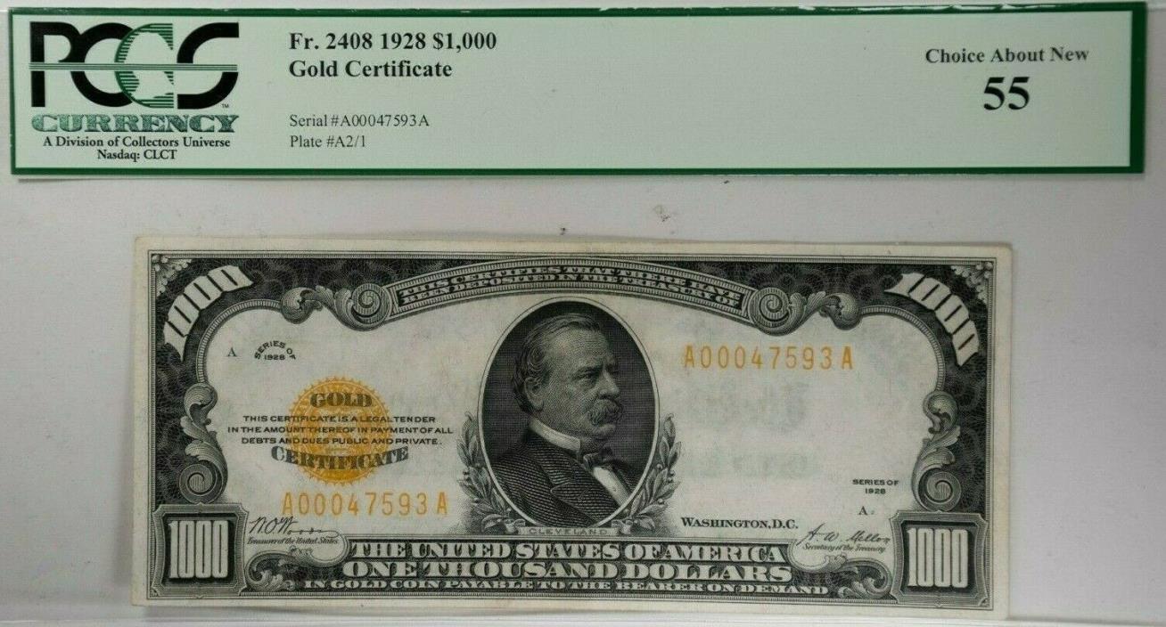 1928 $1000  Gold Certificate small sized Federal Reserve Note PCGS 55 High Grade