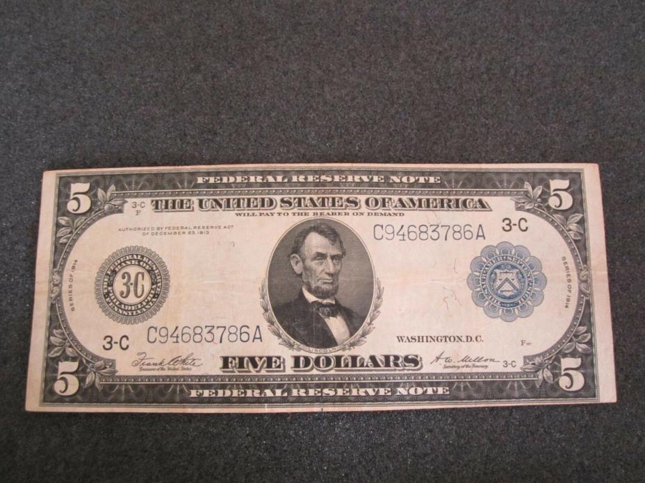 1914 $5. Federal Reserve Note FR 855A Large Sz. Currency