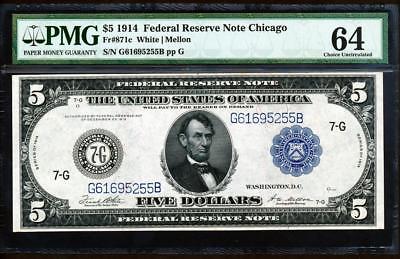 Fr.871C 1914 $5 CHICAGO + TYPE C FACEPLATE + PMG CHOICE NEW UNCIRCULATED 64 RARE