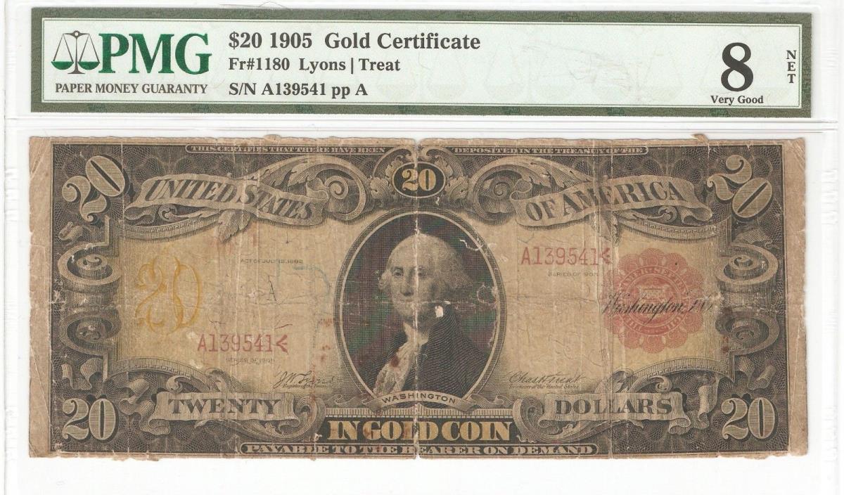 FR. 1180 $20.00 1905 Gold Certificate PMG graded Very Good 8 Net Techincolor