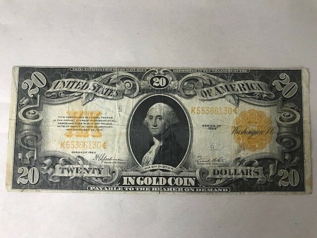 United States 1922 $20 Large Size Gold Certificate, Ungraded in Plastic Sleeve