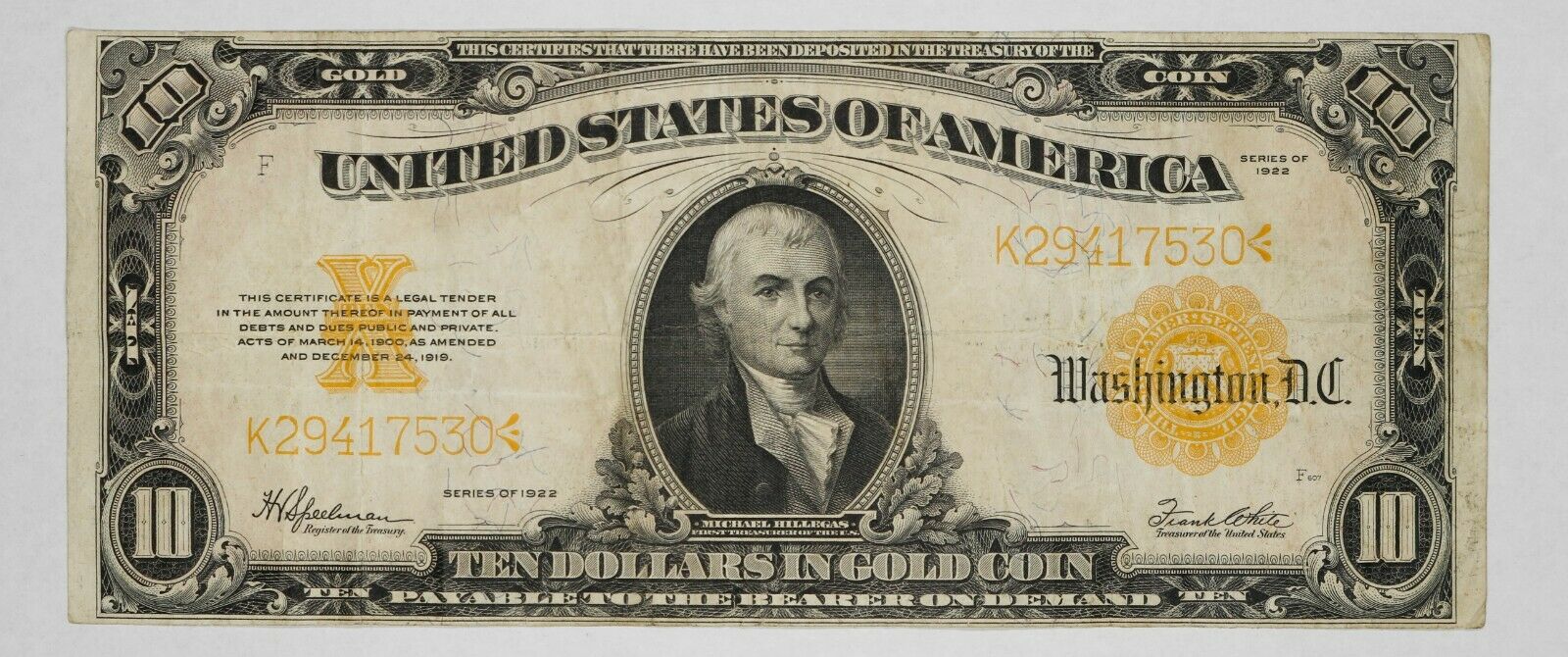 SERIES 1922 GOLD CERTIFICATE $10 CHOICE VF+++ VERY FINE PLUS ++ FR-1173 (530)