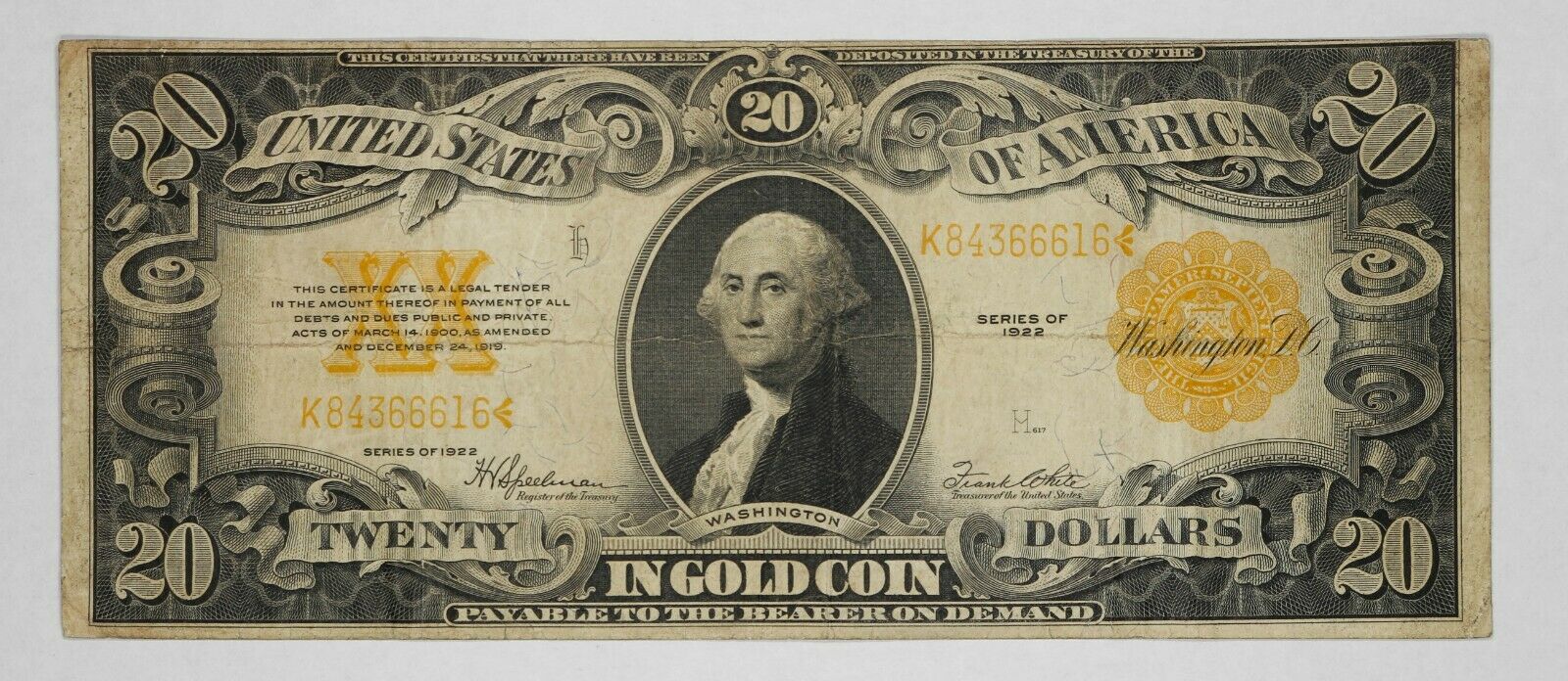 SERIES 1922 GOLD CERTIFICATE $20 CHOICE VF VERY FINE FR-1187 - PROBLEM FREE (616