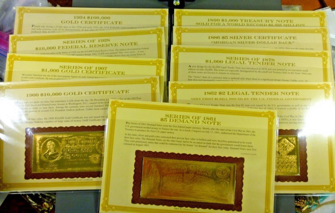 Lot Of 9: Danbury Mint 22 Karat Gold Plated Old Banknotes
