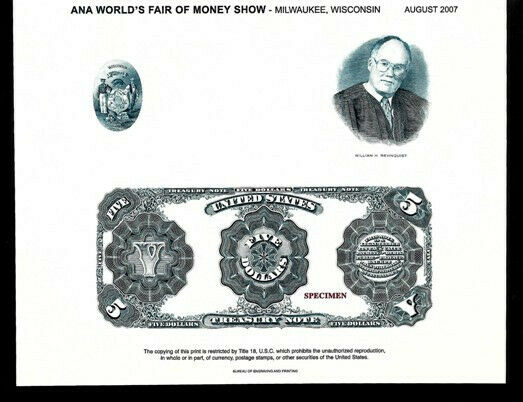 B286 BEP ANA  SERIES 1891 $5 SPECIMEN TREASURY BANK NOTE INTAGLIO SOUVENIR CARD