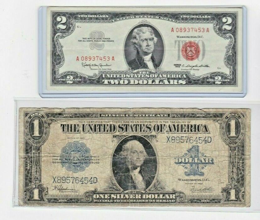 1923 1 silver certificate large note, Horse-Blanket & 1963 $2 red seal, 1 each