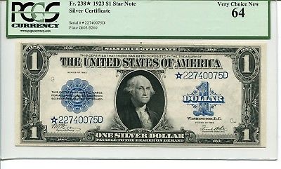FR 238* 1923 $1 SILVER CERTIFICATE STAR PCGS 64 VERY CHOICE NEW ***STAR***