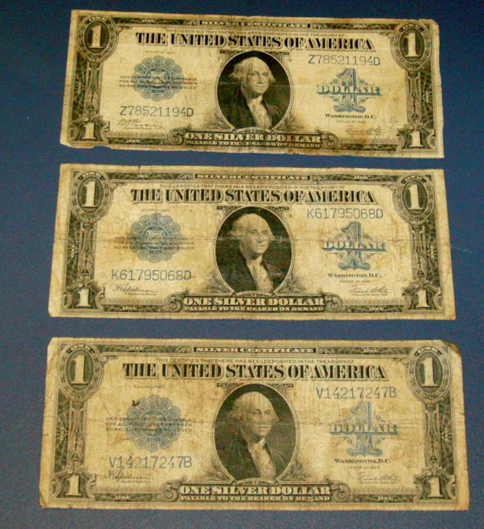 Three 1923 LARGE SILVER CERTIFICATE Horse Blanket $1 One Dollar Note